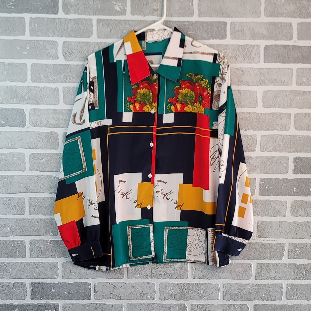 Sen Meei 80's Color Block Picasso Art Inspired Blouse Women's See Measurements